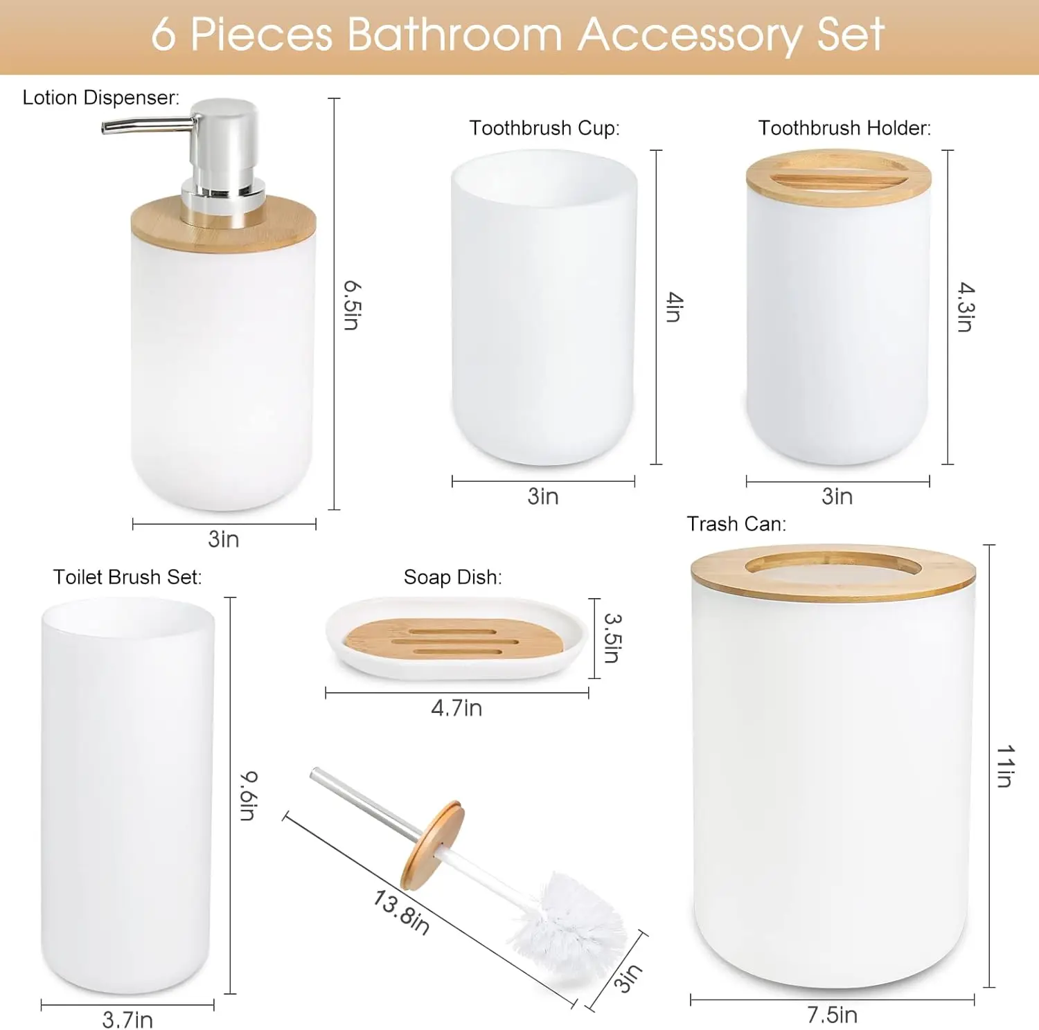 6 Pcs Bamboo Bathroom Accessories Set - Modern White Bath Organizer Kit, Natural Wood Toiletries Holder for Home Decor