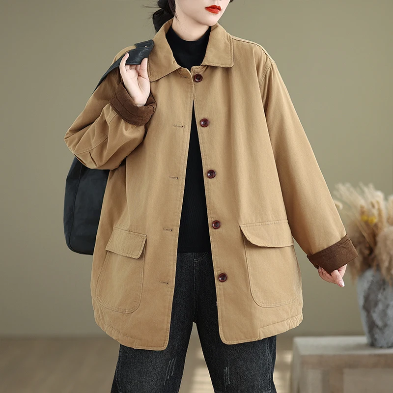 

Retro Faion Workwear Jaet Women's Autumn Winter Thiened Cotton Casual Long Cardigan Sle Windbreaker Coat