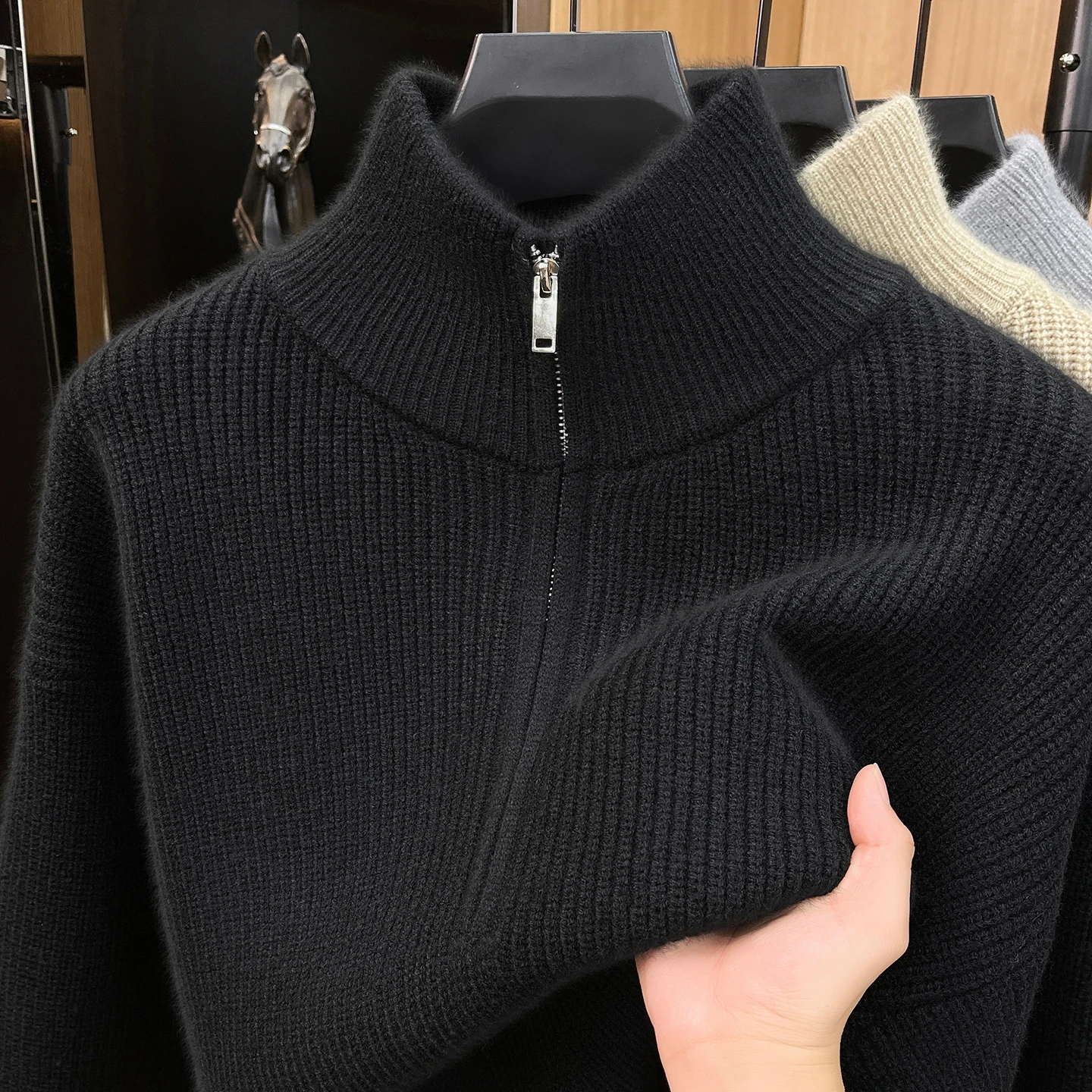Trend New half zipper solid color sweater men's luxury autumn winter soft comfort warm half high neck casual knitted pullover