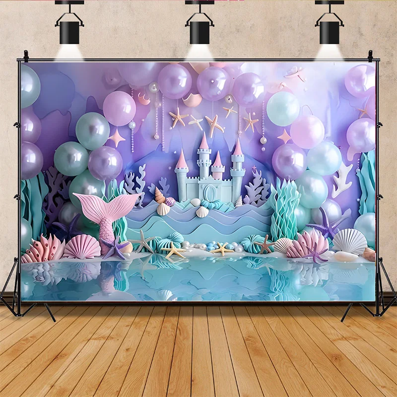 

Castle Mermaid Sea Happy Birthday Photography Background Holiday Baby Children Party Vintage Theme Photo Studio Backdrops VX-07