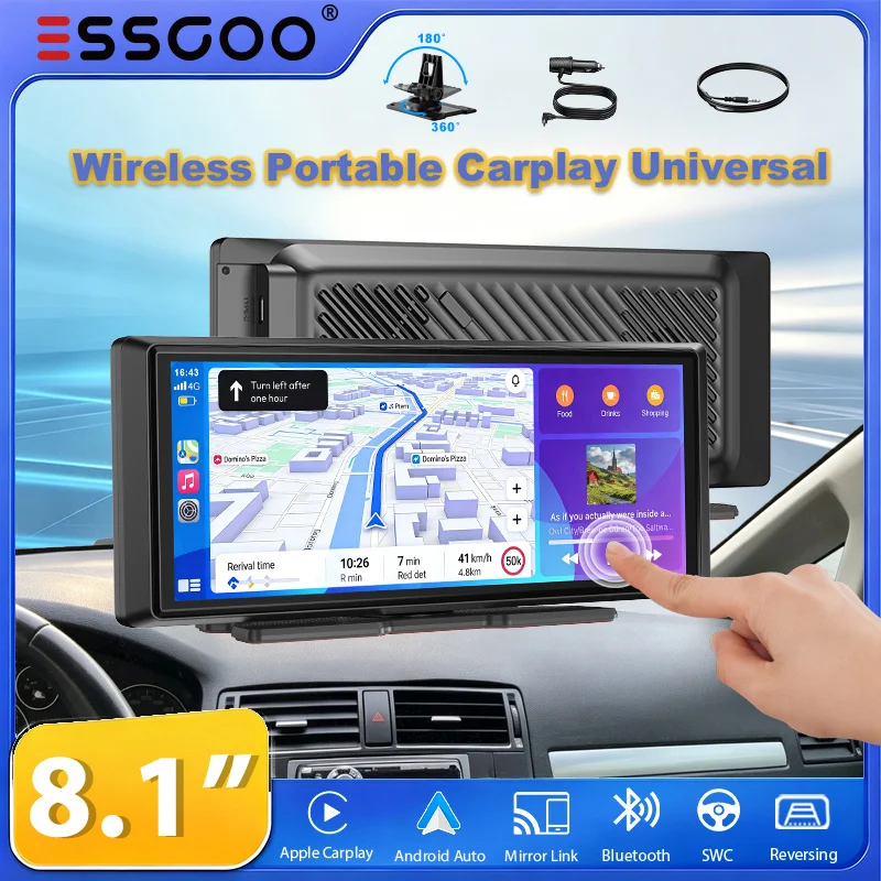 ESSGOO 8.1-Inch Car Stereo Radio Portable Carplay Universal For Cars RVs Trucks SUVs Pickups Wireless Carplay Android Auto RDS FM Bluetooth Mirror Link steering wheel control TouchScreen Player AUX