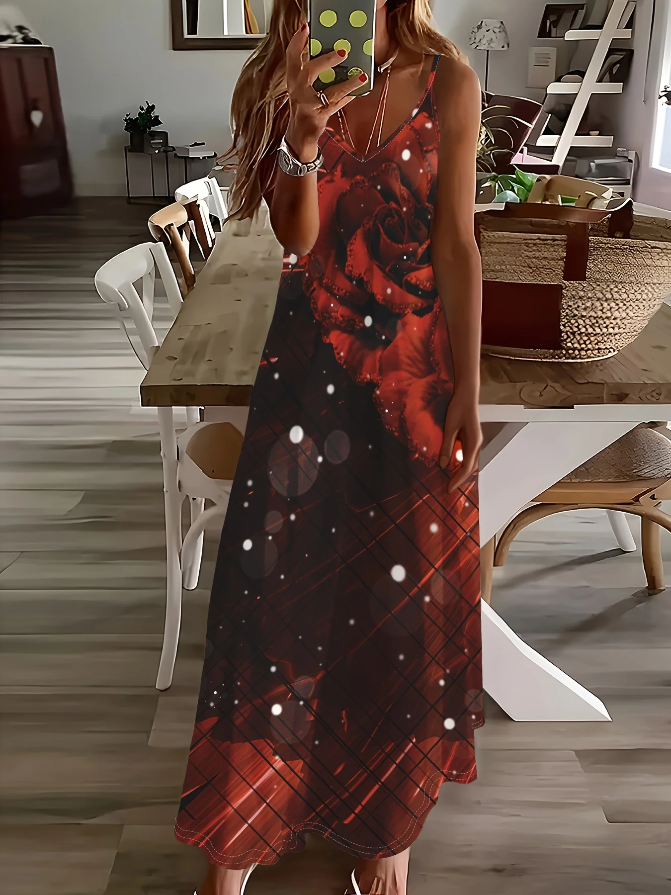 Red Plaid Long Sleeve Midi Dress for Women Summer Vacation Outfit Elegant V Neck Casual Office Wear Starry Night Pattern