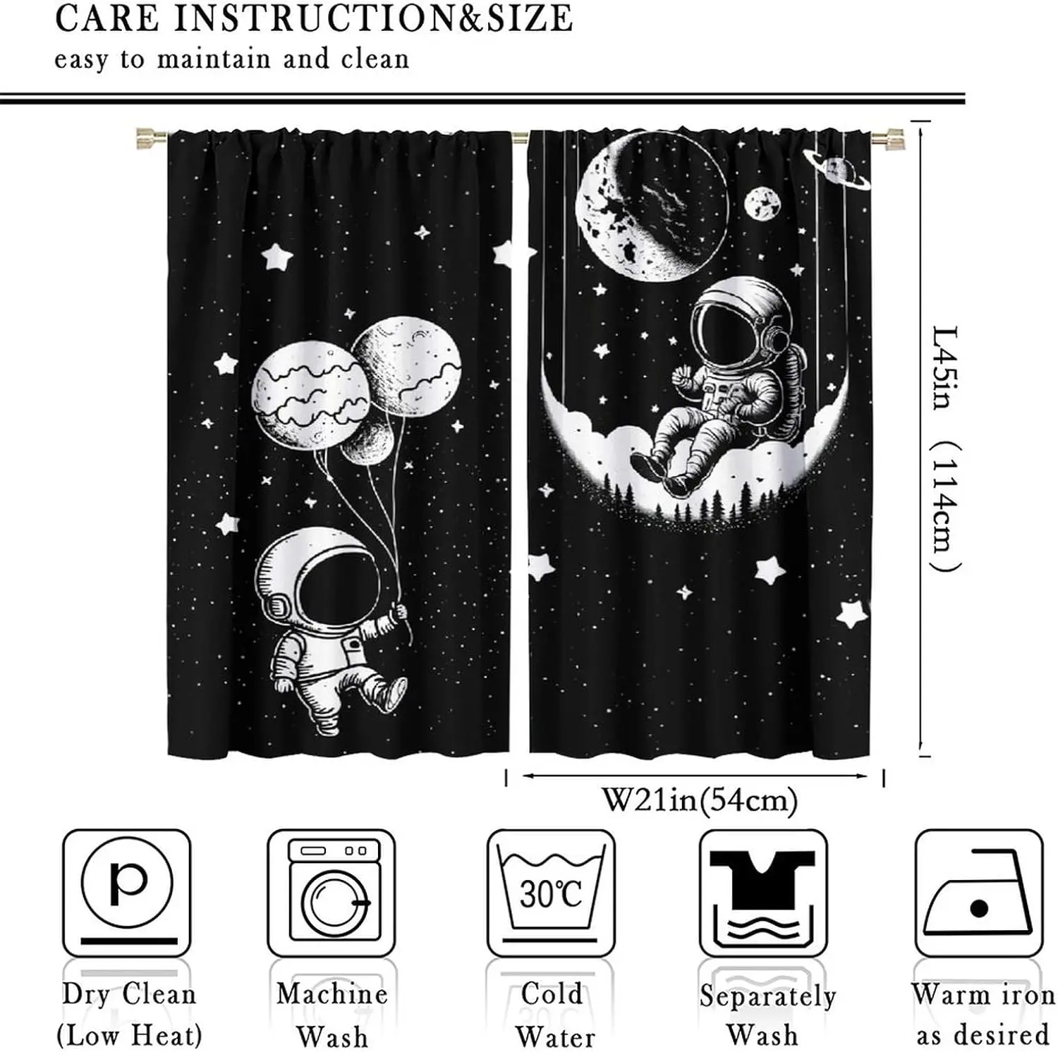 Galaxy Astronaut Balloon Night Sky Curtain Black Background Space Adventure Nursery Decor Room Window Curtain