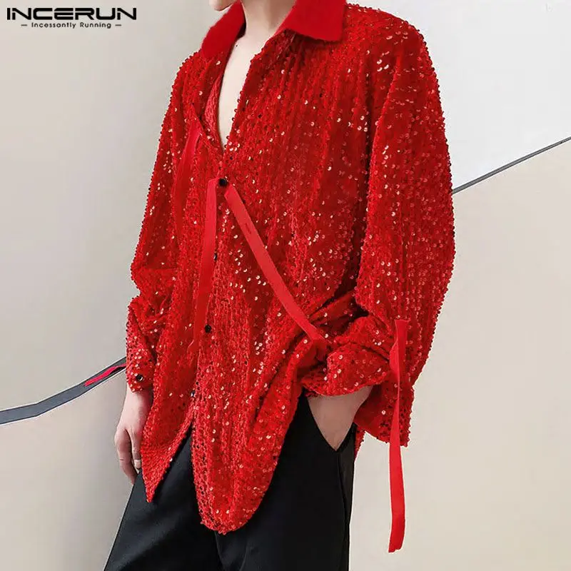 2024 Men Irregular Shirt Sequins Transparent Sparkling Lapel Long Sleeve Party Men Clothing Streetwear Fashion Camisas INCERUN