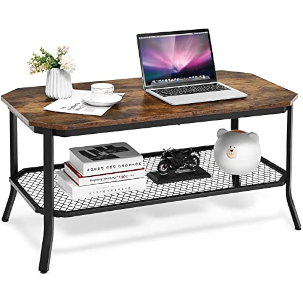 

Rectangular Coffee Table, Industrial 2 Tier Wood Center Table with Mesh Shelf, Steel Frame Rustic Accent Table for Living Room B