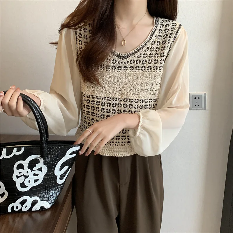 Boring Honey  Fashion Jacquard Knitted T-shirt Spring New Chiffon Stitching Long Sleeve Lace Shirt All- Match Slim T-Shirt Women
