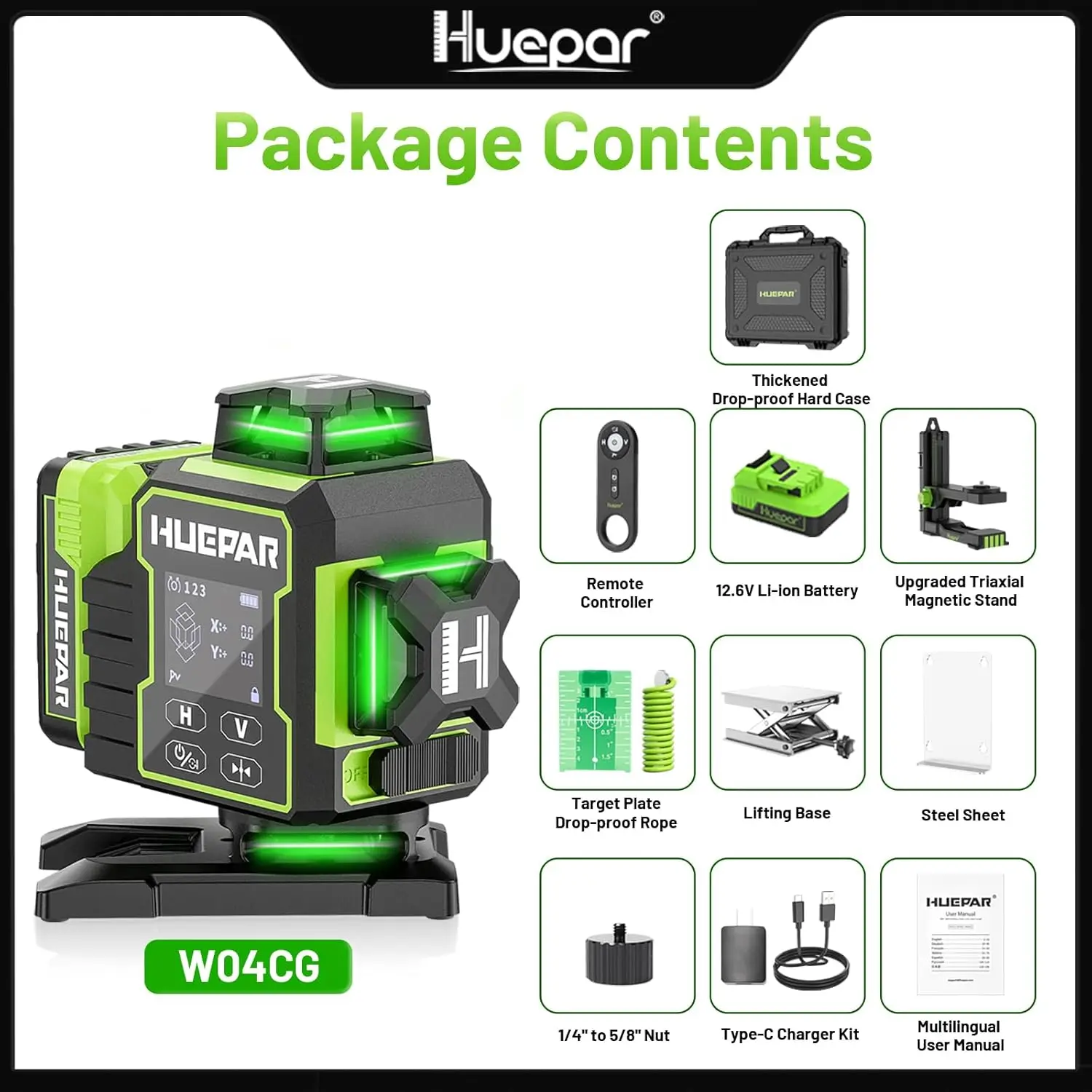 Huepar W04CG Laserniveau Groen Kruis 4D 16-lijnen Bluetooth Lazer Leveler met elektrische roterende basis en groot LCD-scherm en afstandsbediening