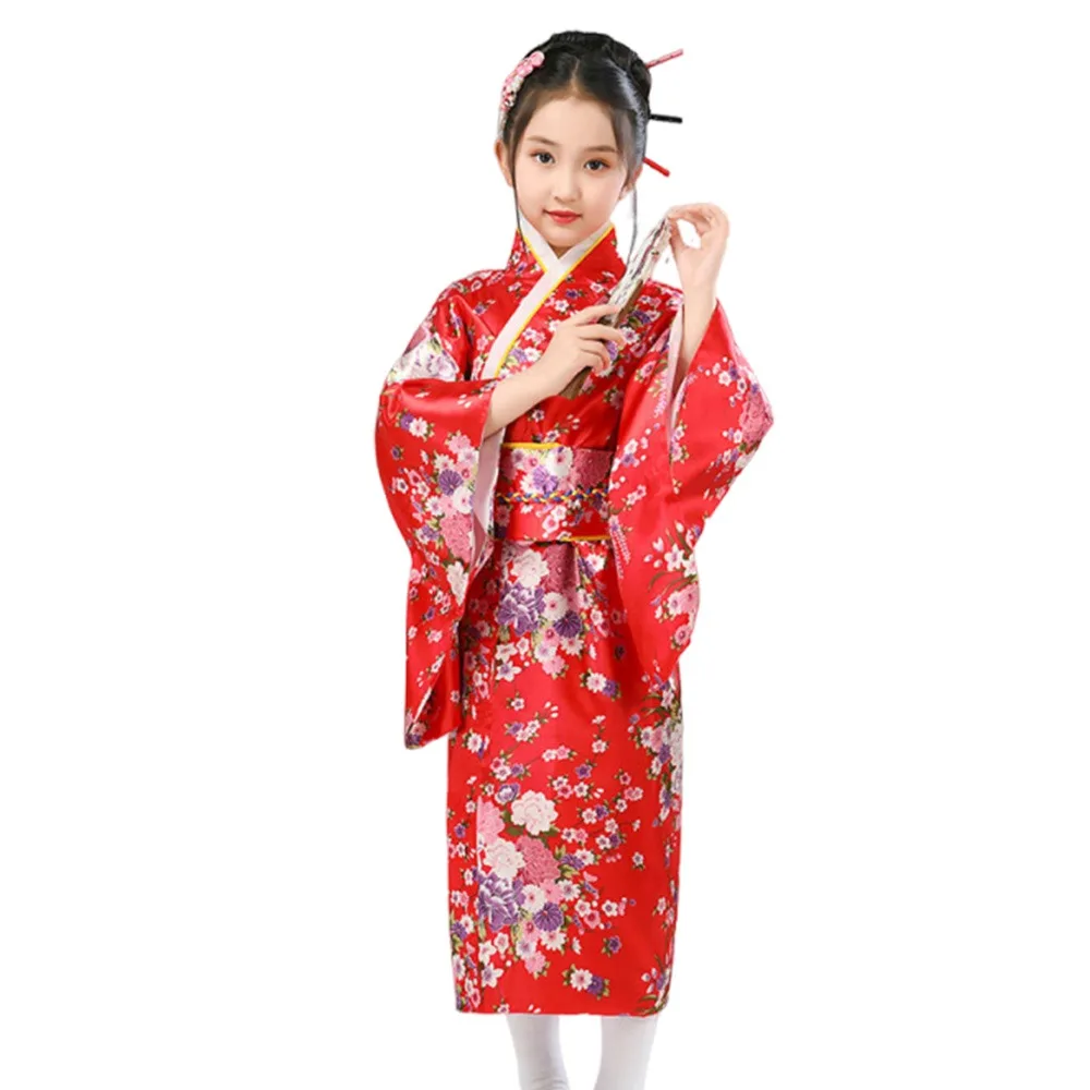 

Bathrobe Gown Children Japanese Kimono Cherry Blossom Pattern Japan Style Cosplay Costume with Obi Performance Clothes