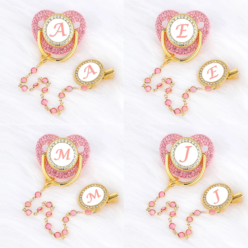 Name Initial Baby Pacifier Chain Clips Pink Crystal Newborn Luxury Personalized Pacifiers Silicone Nipple Infant Shower Gifts