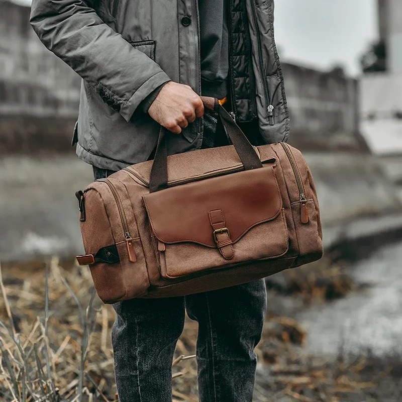 Imagem -02 - Bolsas de Couro Multifuncionais de Lona de Grande Capacidade Bolsa de Bagagem Bolsa de Viagem Utilitária para Homens