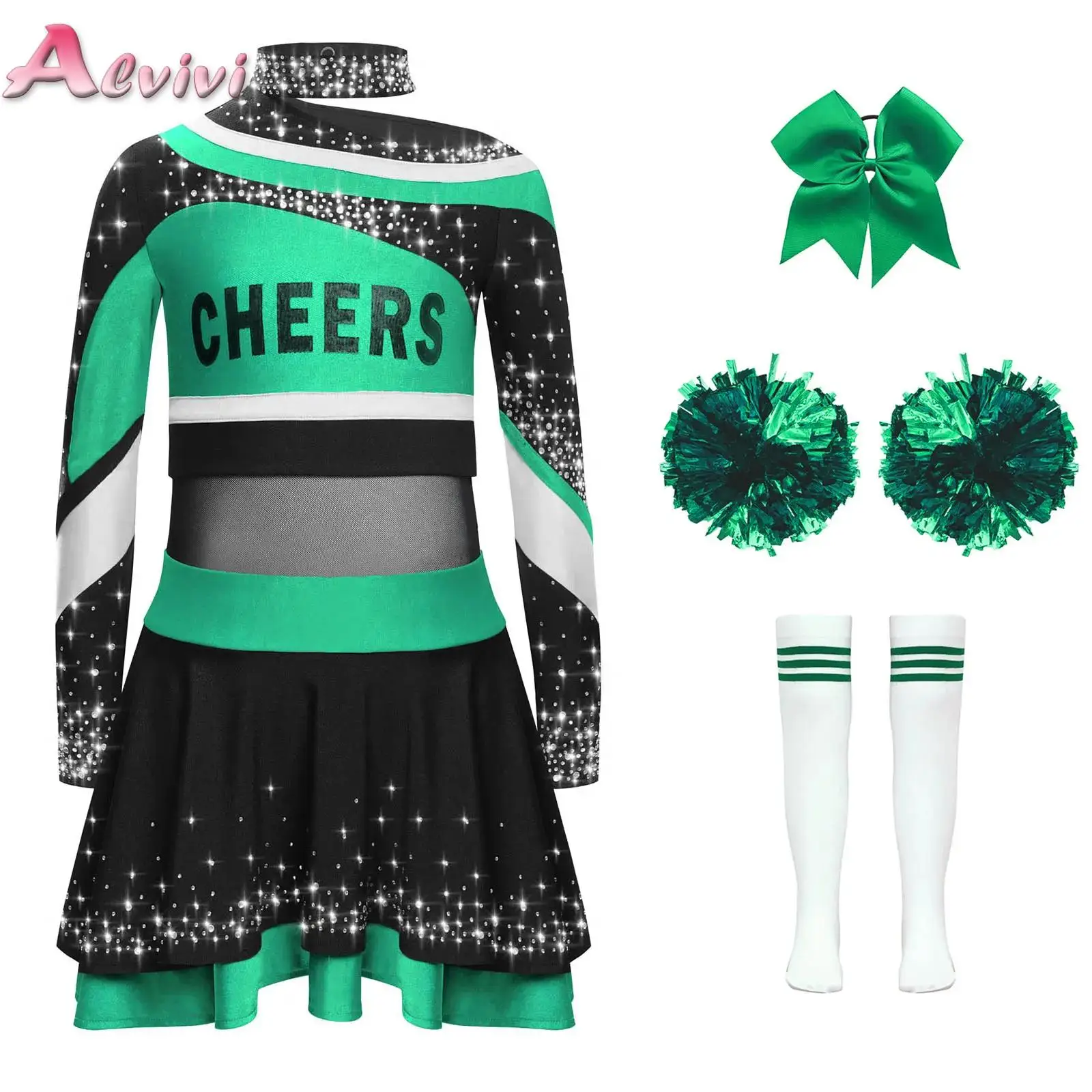 

Girls Cheerleader Outfits Costume Halloween Cheerleading Clothes Set Fancy Dress Up for Birthday Party Cheer School Performance