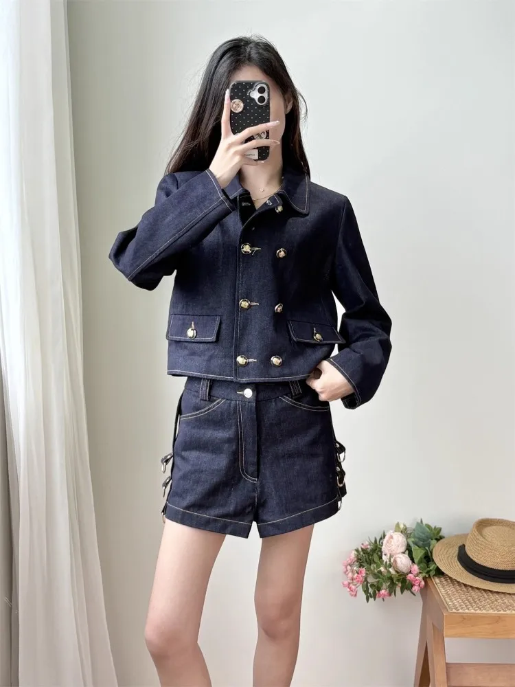 Set Jaket Denim Manis Fashion Musim Gugur Mantel Kerah Lipat Berkancing Dua Set Dua Potong Pakaian Rok Ruffle Mini Di Atas Lutut