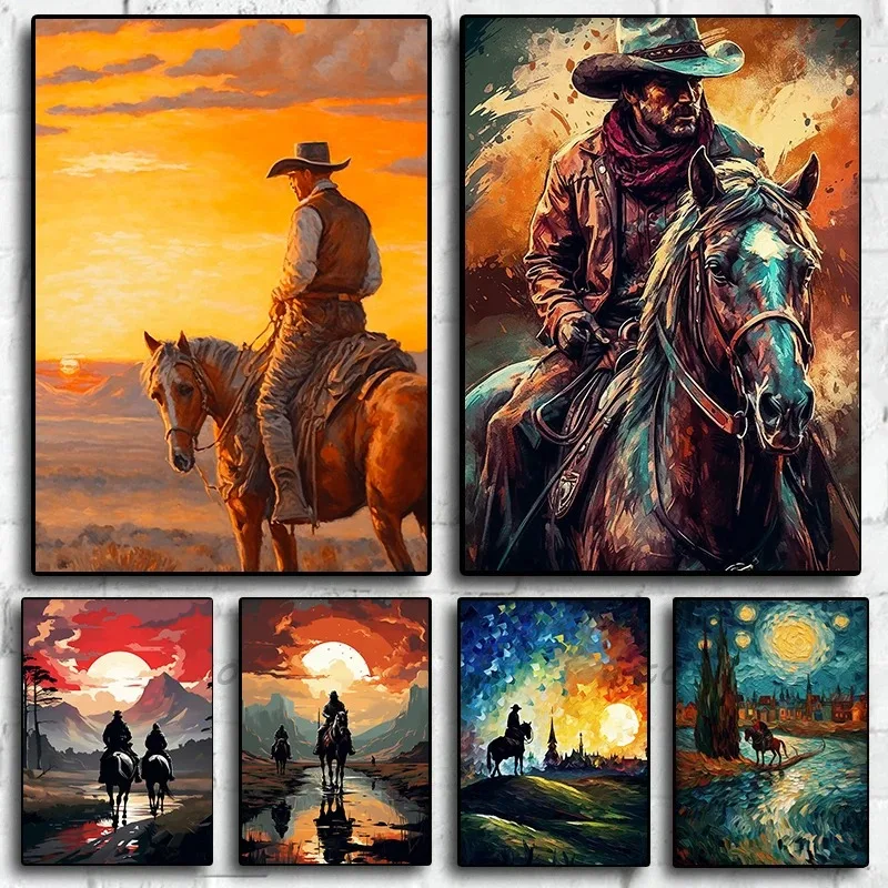 Póster de vaquero y caballo impresionista, obra de arte de paisaje occidental, pintura en lienzo, imagen artística de pared del Salvaje Oeste, decoración del hogar, Idea de regalo
