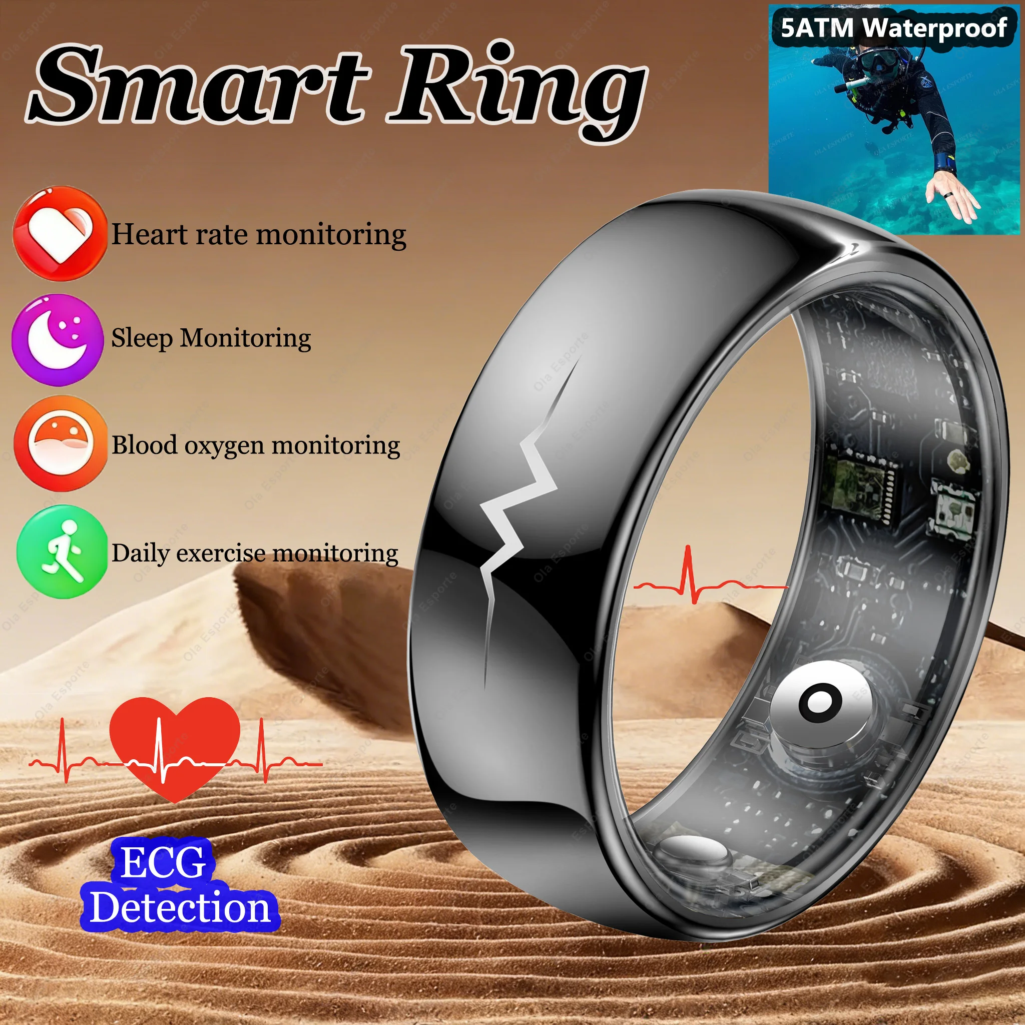 

Умное кольцо-монитор ЭКГ, пульсометр, измеритель уровня кислорода в крови, монитор сна, мультиспортивный режим, водонепроницаемость 5ATM, смарт-кольцо для Android и iOS, новинка