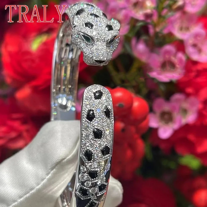 

925 Sterling Silver Spotted Leopard Head Bracelet for Couples Inlay Full Diamonds Luxury Bangle Women and Men Jewelry Party Gift