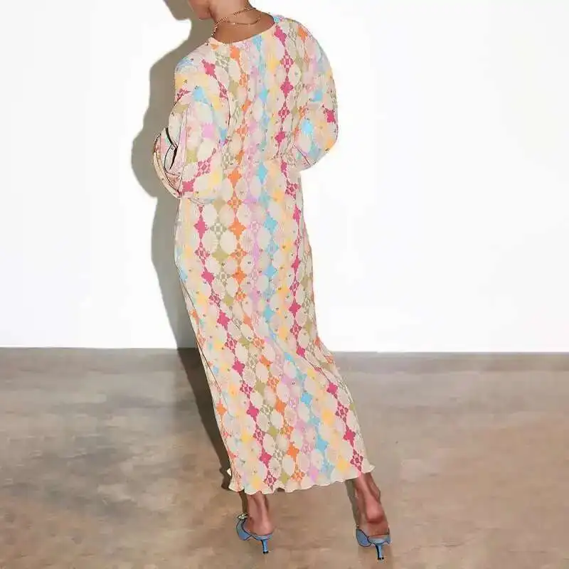 

2025 женское элегантное платье трапециевидной формы с v-образным вырезом и рукавами-фонариками с принтом для женщин