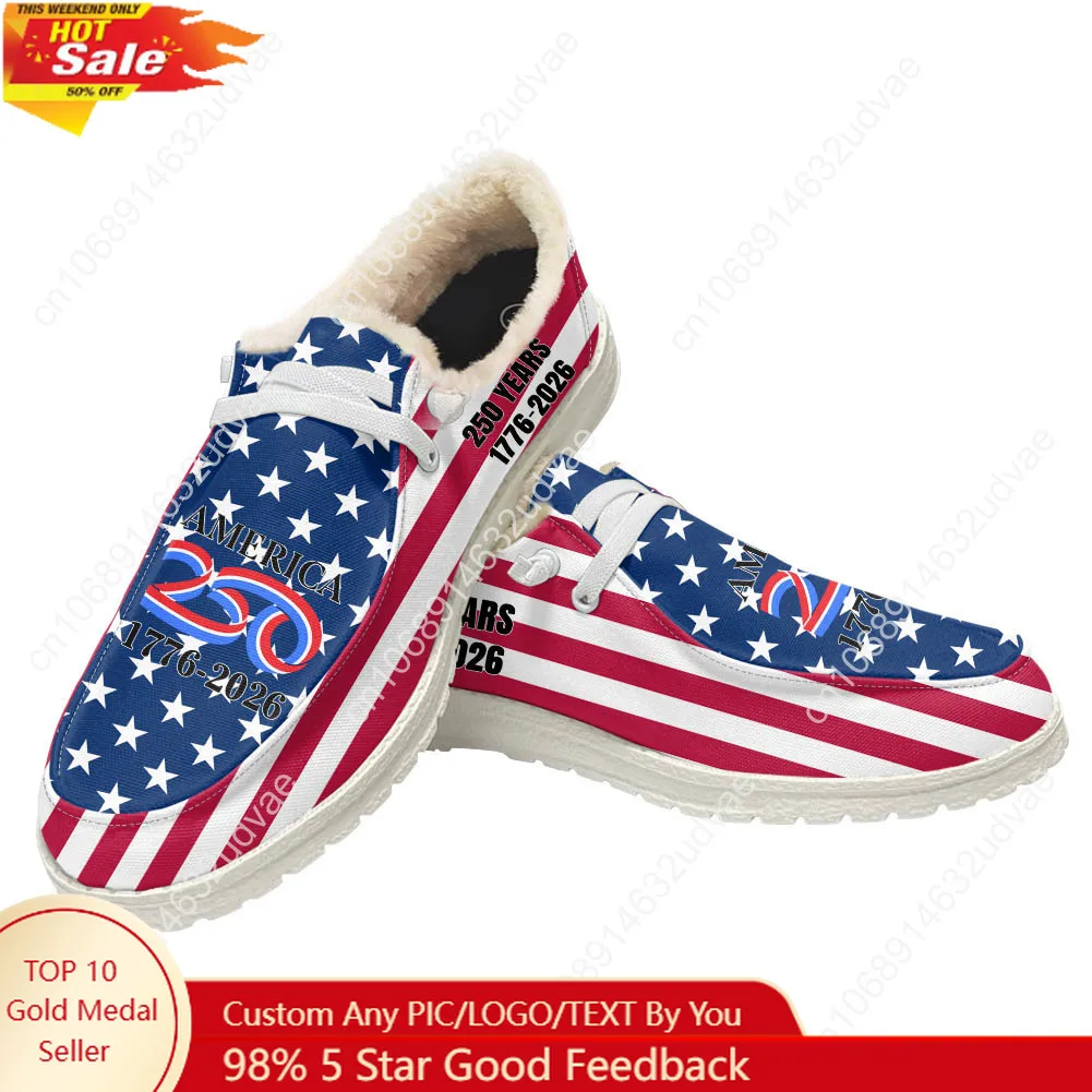 

America 250th Anniversary 1776-2026 Plush Loafer Men Woman Casual Flat Shoes Elastic Warm Lightweight Footwear Custom Shoe White