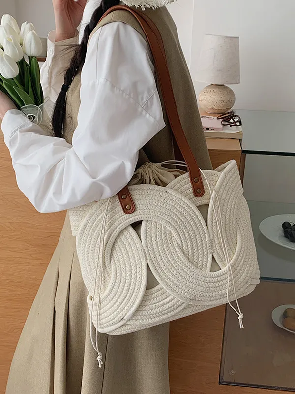 

Handmade Geometric Woven Tote Bag Large Capacity Drawstring Bucket Shoulder bag Cotton Linen Beach Travel Work 2026 New