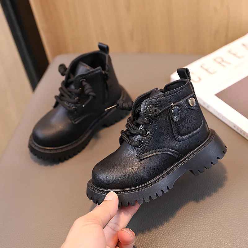 British Style Toddler Leather Boots Fashion Breathable Baby Casual Shoes Boy Girls Platform Short Boots Non- Slip Kids Sneakers