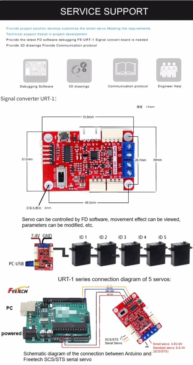 Feetech SM-2930-C001 30kg 24V 브러시리스 서보 모터 로봇 암 0.081초/60 °   RS485 시리얼 버스 PLC 제어 모드버스 360도 각도