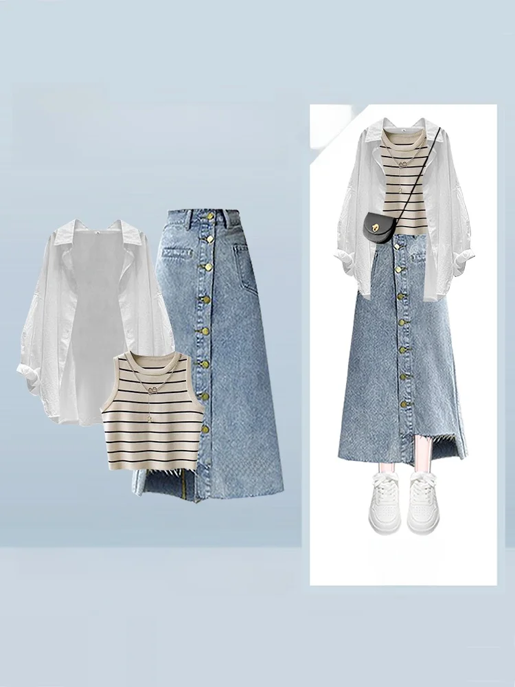 

Джинсовая юбка с высокой талией, длинная юбка, полосатый жилет, женский модный комплект, осенняя коллекция, комплект из двух предметов, воротник...