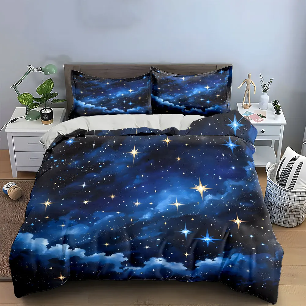 3Pcs Celestial Night Bedding Set, Deep Blue Starry Sky with Wispy Clouds and Glowing Stars Print Duvet Cover, Bedroom Decor