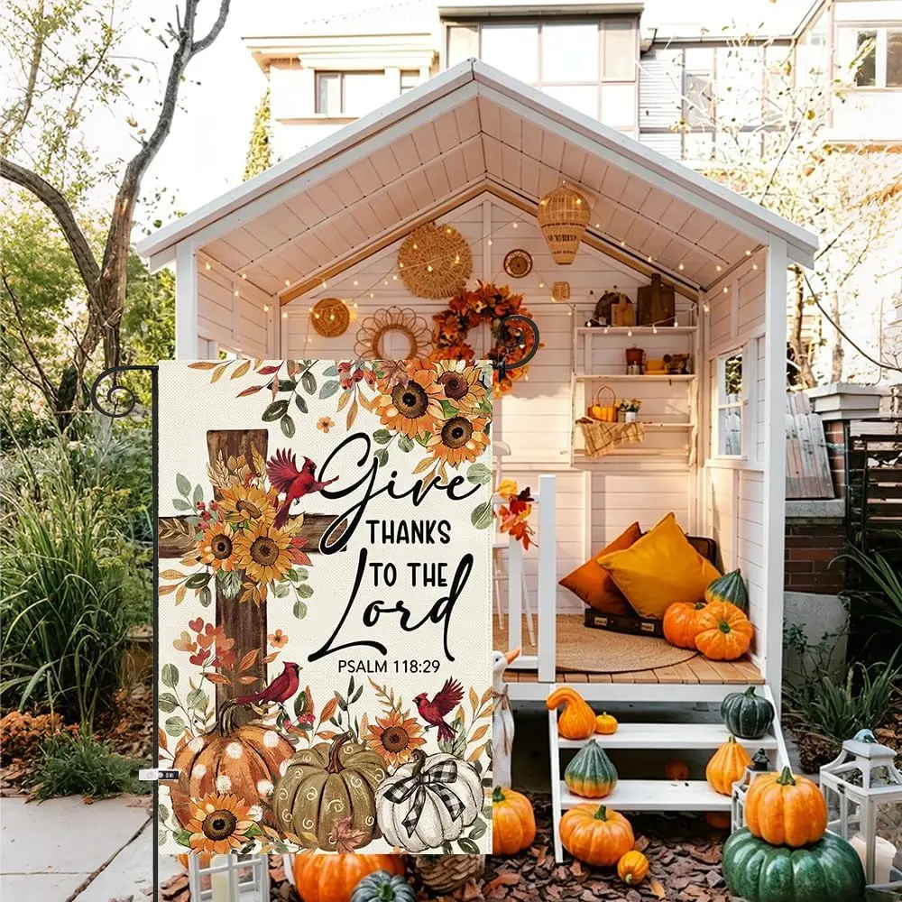 Give Thanks To The Lord Garden Flag 12.5x18 Inch Double Sided,Cardinal Cross Thanksgiving Day Outside Outdoor Seasonal Burla llp
