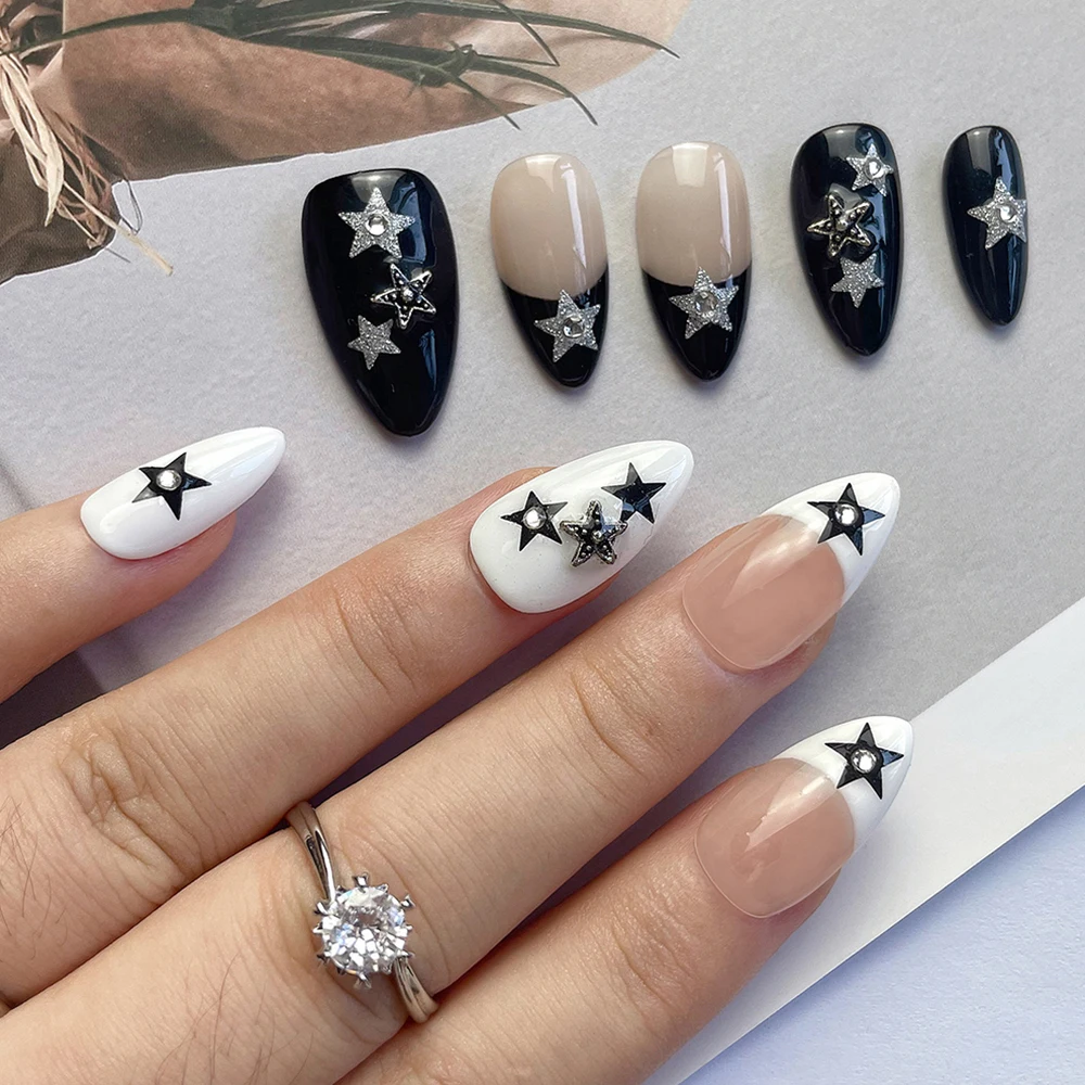 French Almond Black White Handmade Press On Nails Y2K Five-Pointed Star Diamond Designs Wearable Full Cover False Nails Ring Set