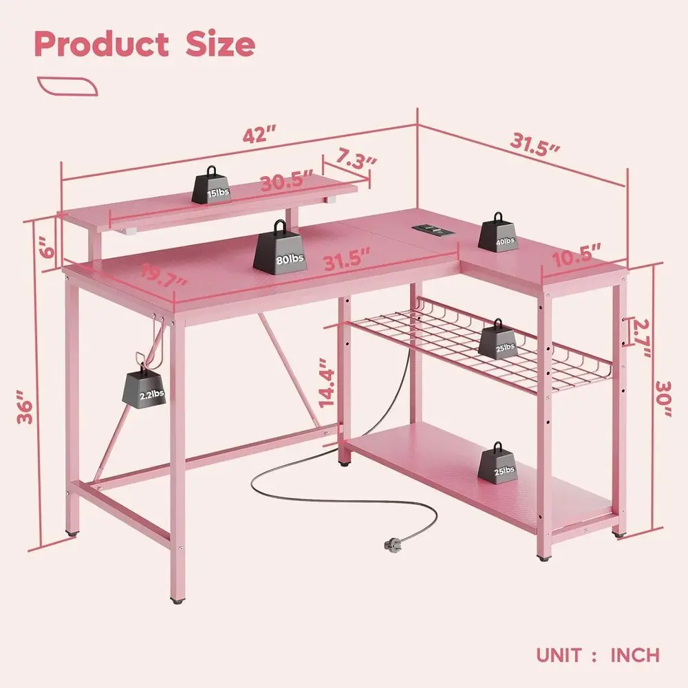Pink Computer Desk with Power Outlets,42 LED Small Gaming Desk with Reversible Storage Shelves,L Shaped Desk with set Hooks Stud
