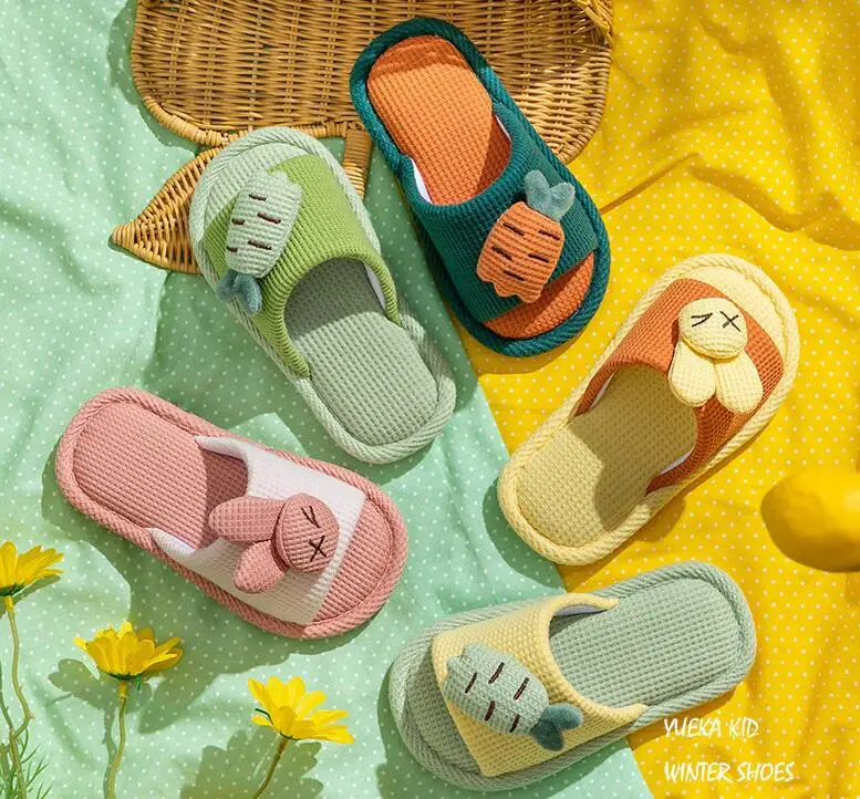 Cartoon Kaninchen Hausschuhe für Kinder Mode Closed Toe Hause Leinen Hausschuhe Frauen Stille Anti Slip Baumwolle Leinen Boden Schuhe Männer – Detail 3