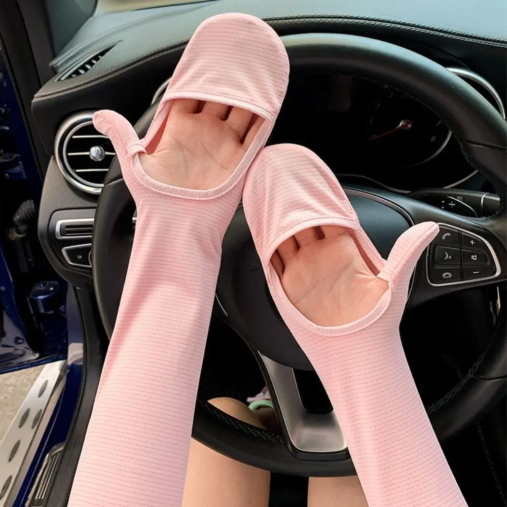Simple Solid Color Long Ice Silk Sleeves Elastic Anti-UV Sunscreen Arm Covers UV Insulation Thin Cycling Gloves Summer