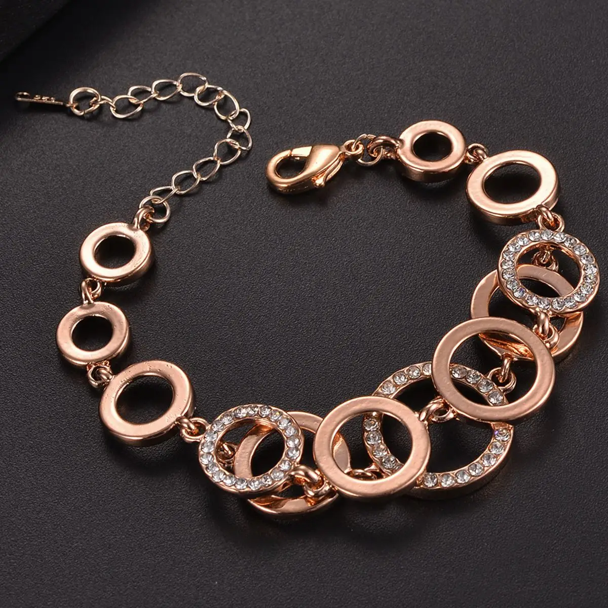 Rose Gold Crystal Link Chain Bracelet for Women and Girls Round Circle Bangle Rolo Designer Inspire CZ Rhinestone Jewelry