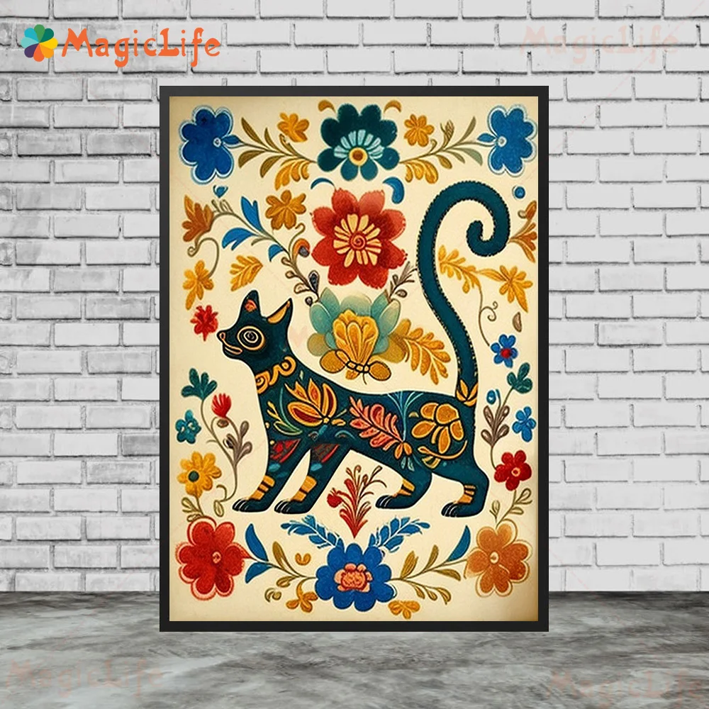 Vintage mexikanische Phoenix Wings Blumen kulturelle Katze Poste Wandbilder für Wohnzimmer Poster Wand kunst Leinwand Malerei unger ahmt