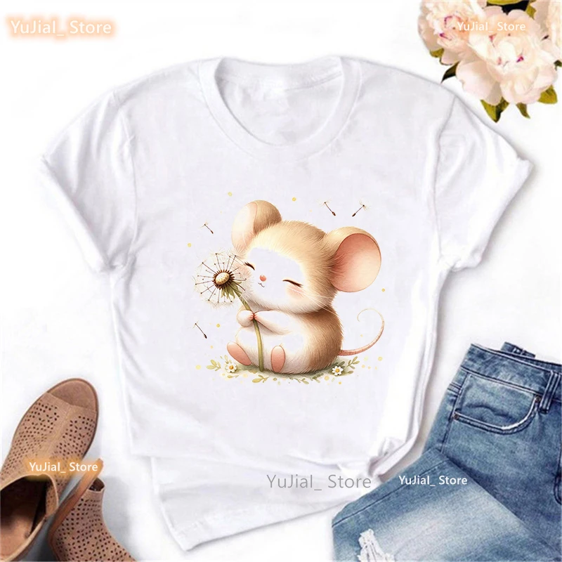 Cute Mouse Wish Dandelion Print T Shirt Girls Kawaii Clothes Summer Fashion Tops Tee Shirt Women Harajuku Shirt