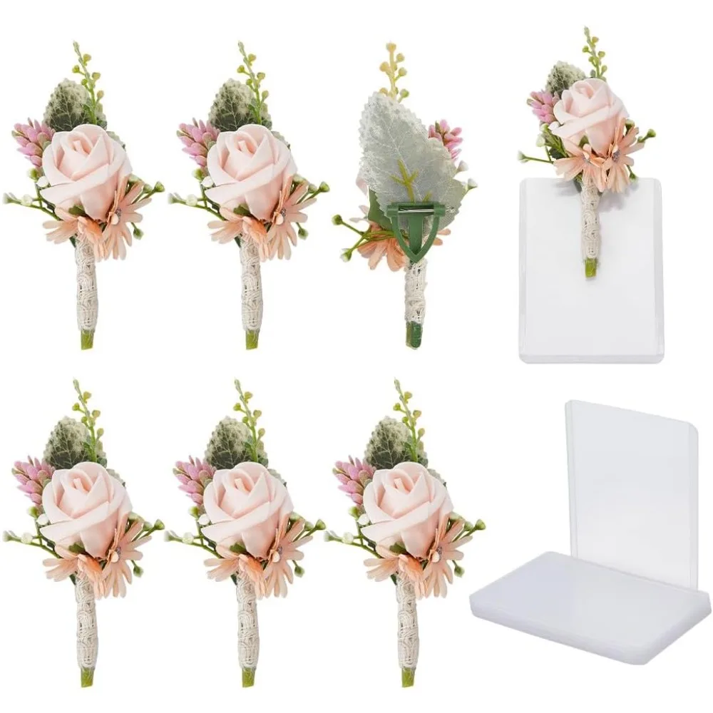 

6 шт., свадебная бутоньерка с цветком, карманный корсаж с розой для мужчин с 6 пластиковыми рукавами, бутоньерка ручной работы, мужской корсаж для свадьбы