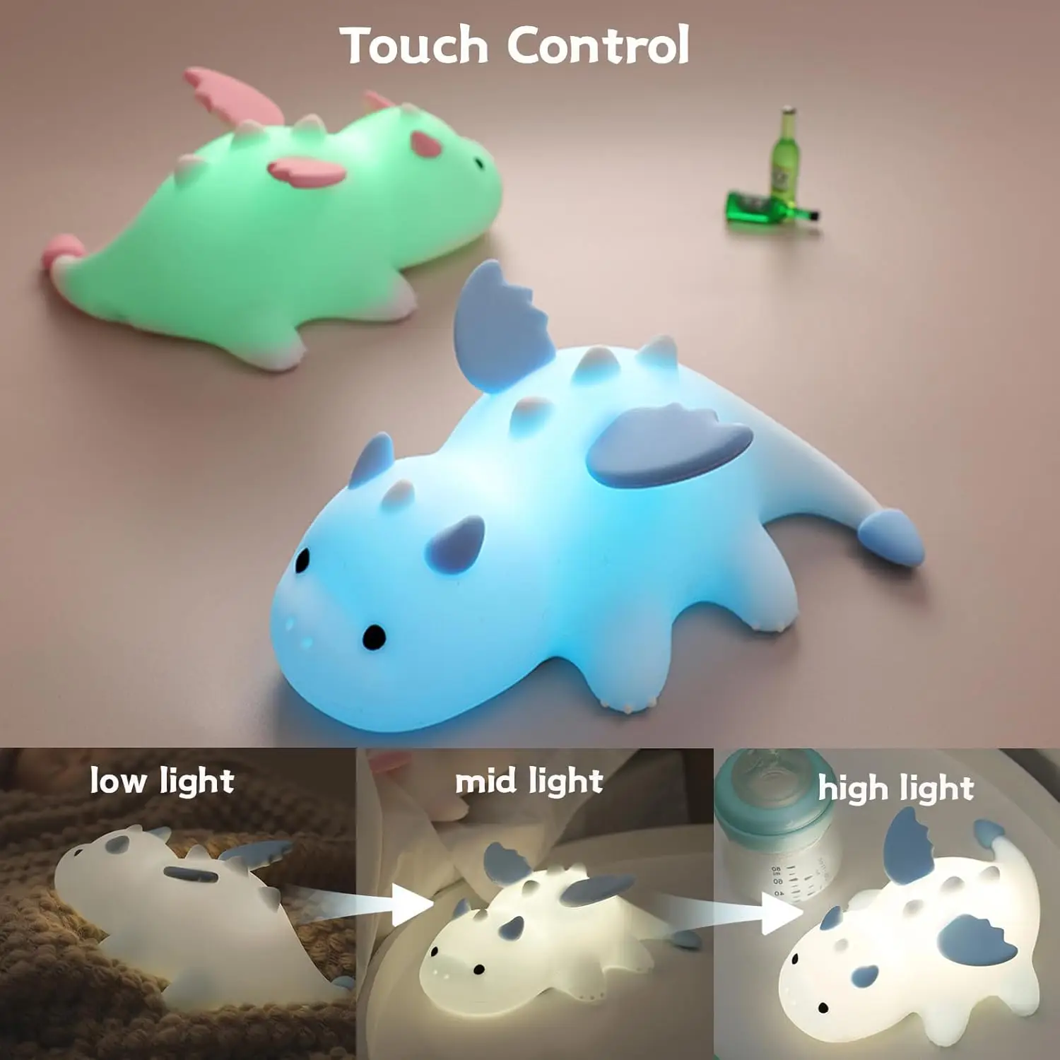 Cute Baby Dragon Night Light For Kids Soft Silicone Nursery Sleeping Lamp 3 Level Dimmable Changing Rechargeable Beside Lamp