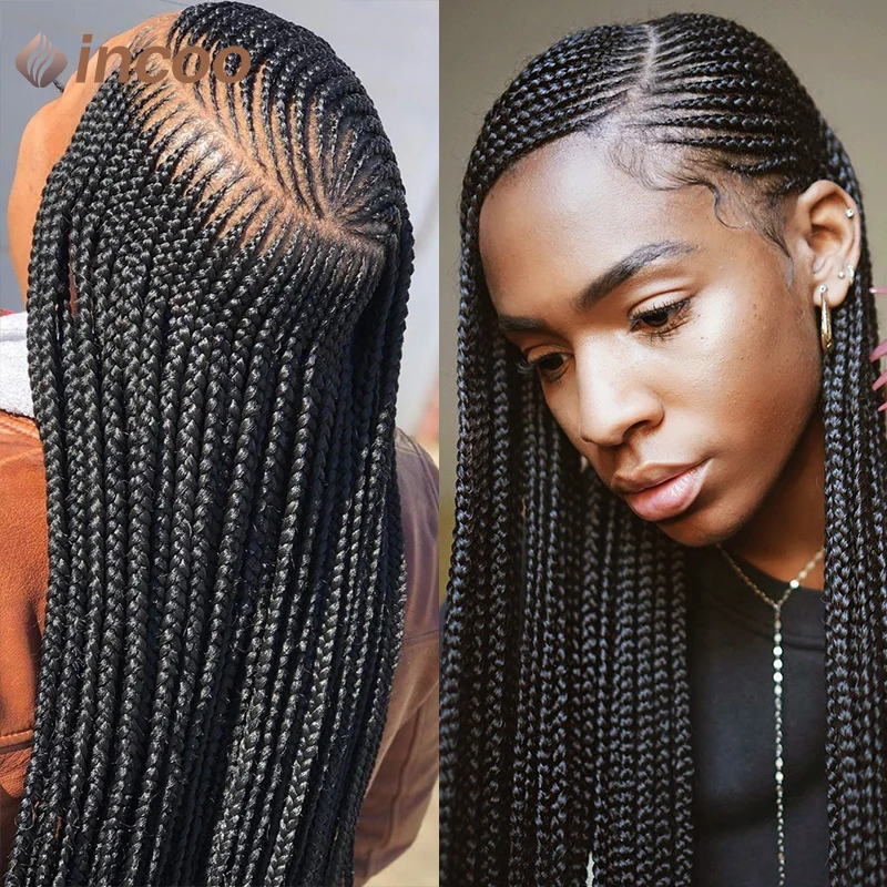 

36" Full Lace Synthetic Braided Wigs For Black Women Deep Side Part Cornrow Braided Wig Goddess Box Braids Wig With Baby Hair