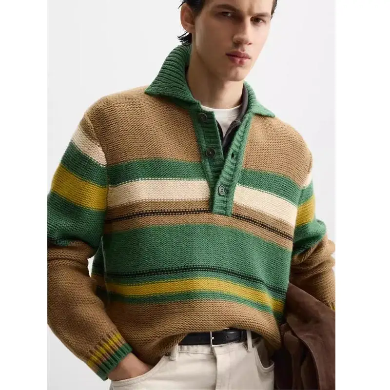 

Slim Fit Long Sve Knitted irt Sweater Autumn Winter New Arrival Men's Faion Striped Straight Leg Collared Knitwear
