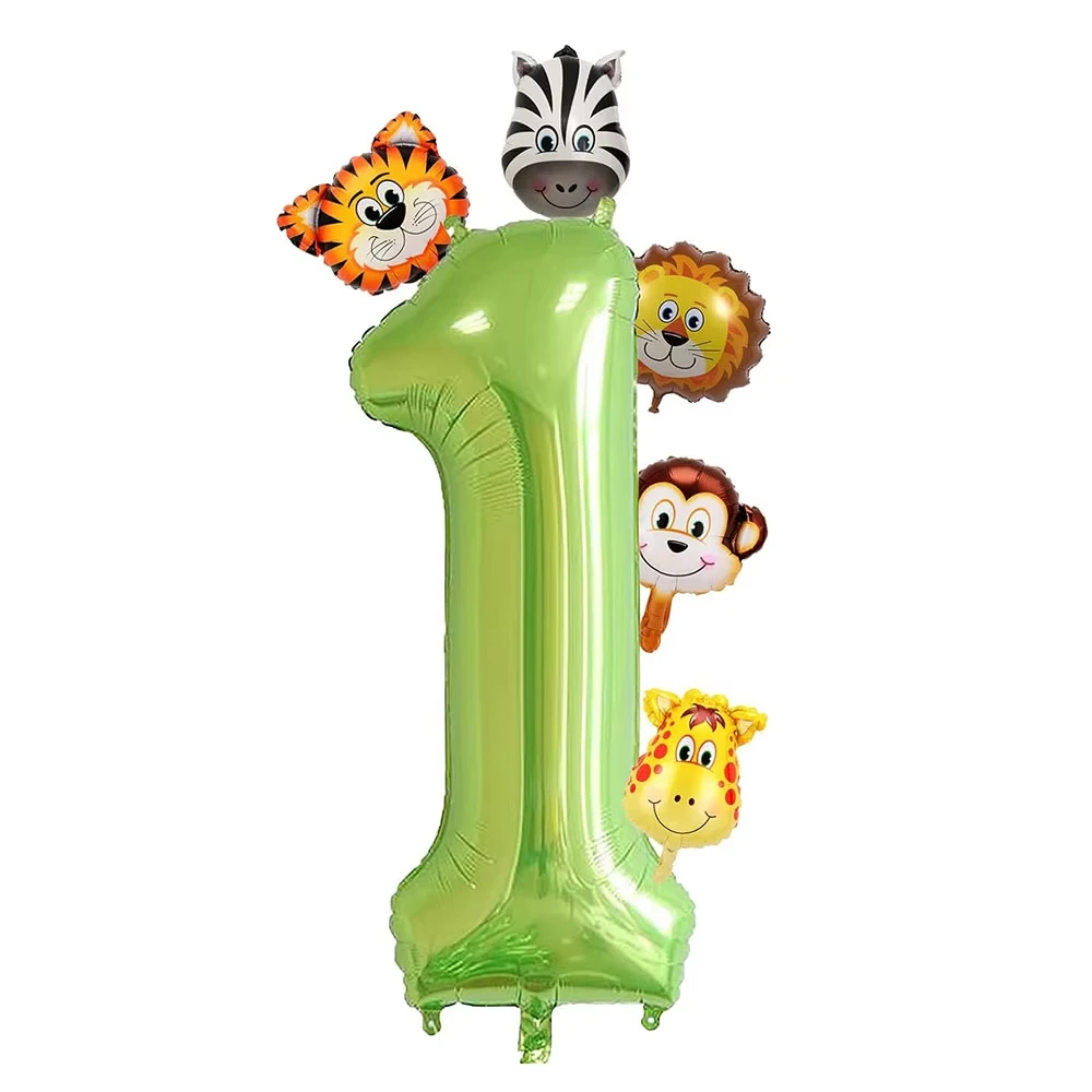 7pcs 32 Inch Green Number with Mini Jungle Animals Balloons Set Tiger Lion Giraffe Monkey Zebra  Balloon for Birthday Decor