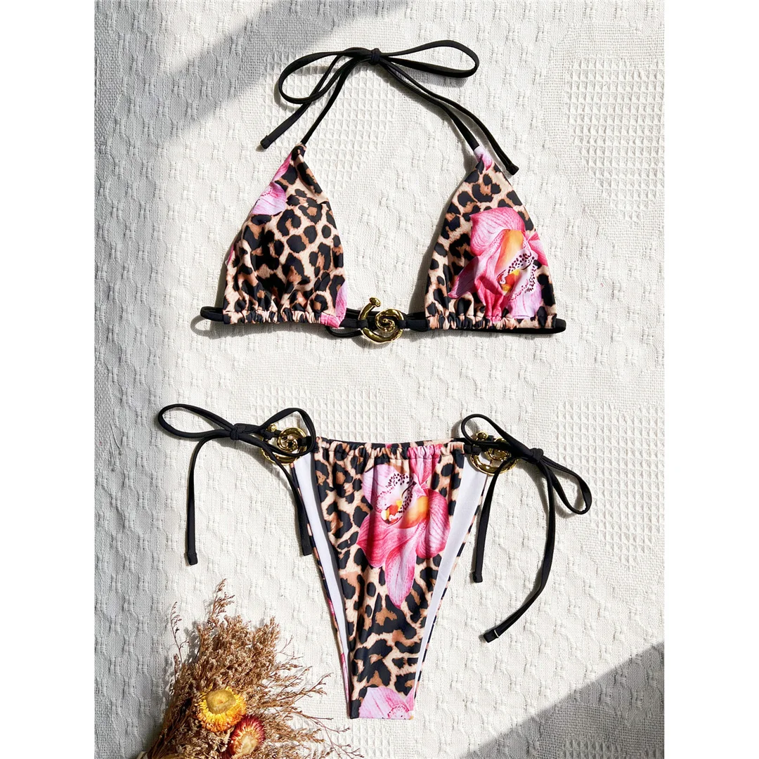 Leopard-Blumen-Blumenmuster-Neckholder-Bikini, Damen-Badebekleidung, zweiteiliges Bikini-Set, Damen-Badeanzug, gepolsterter Badeanzug, Badebekleidung, Badeanzug, V6784 – Detail 4