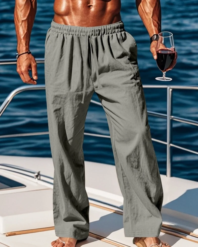 

2026 spring and summer new men's cotton linen casual pants simple and comfortable straight leg pants waist drawstring large size