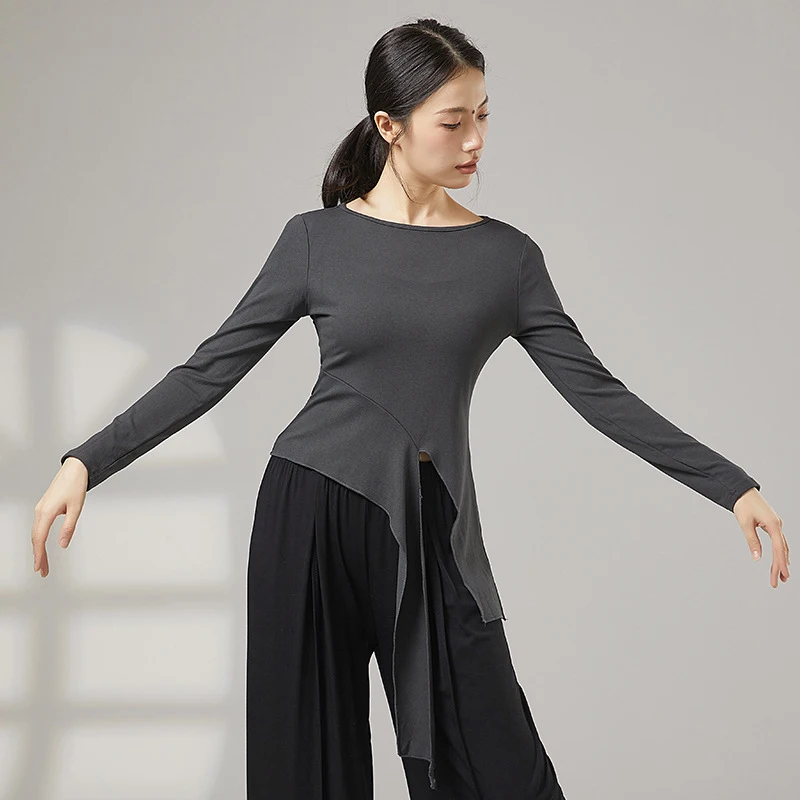 女性モダンダンス練習服トップ長袖シャツ裾包帯エレガントスリム大人のパフォーマンスラテン競技ダンスウェア