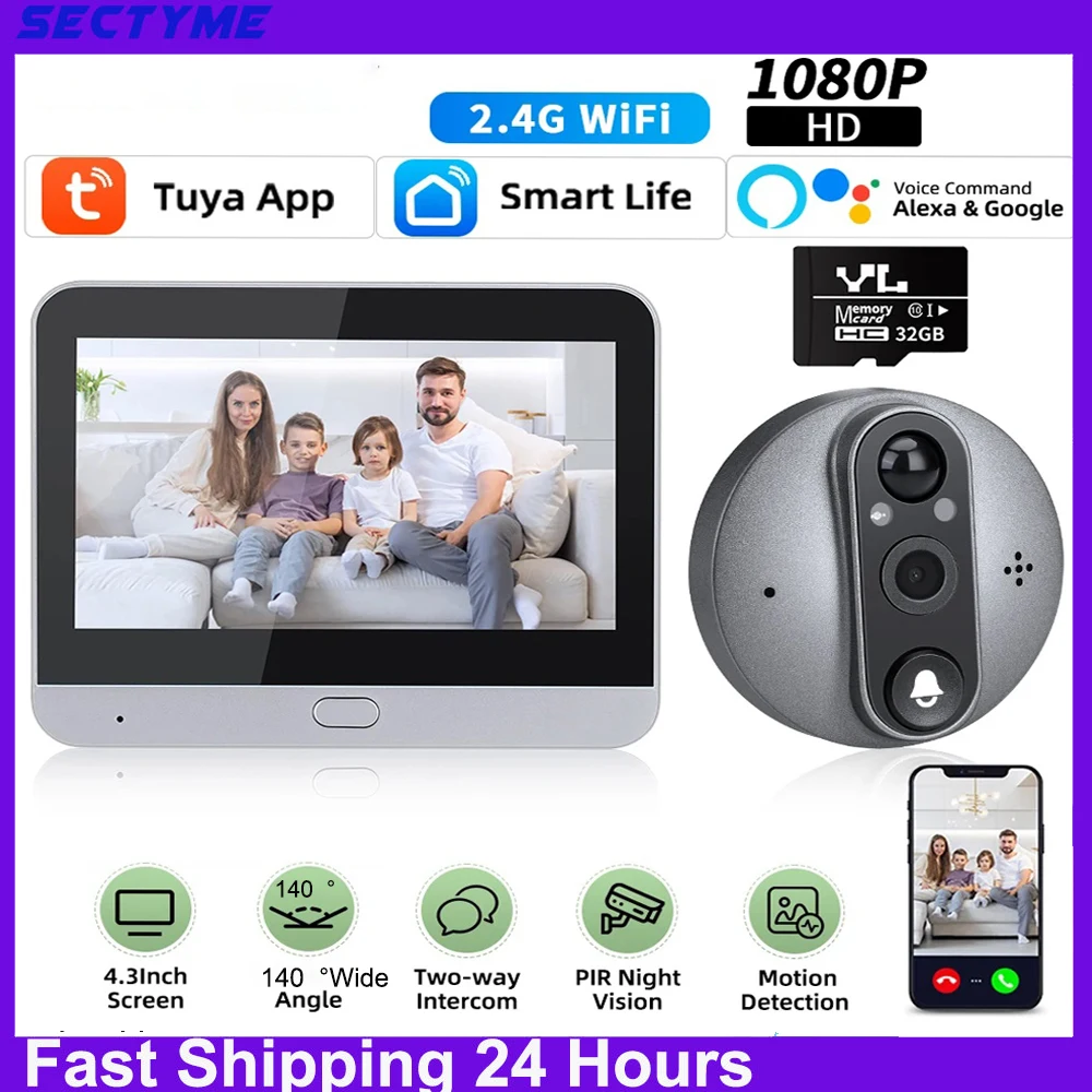 Sectyme Tuya Smart Home Doorbell 1080P WiFi Peephole Digital Door Peepholes Door Alexa Google Door Peephole Camera Audio Video