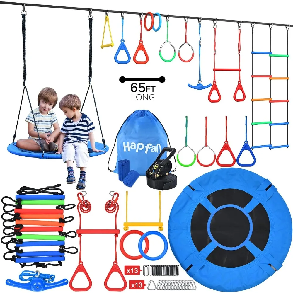 US Local Stock 65ft  Warrior Obstacle Course for Kids with 11 Accessories, Supports 880 lbs