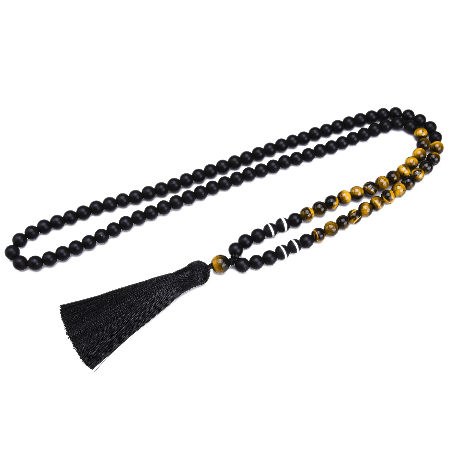 Stone Beads Mala Neckalce 8 MM Tiger Eyes 108 Japamala Necklace  Black Matte Onyx Meditation Yoga Jewelry Rosary Tassel Pendant