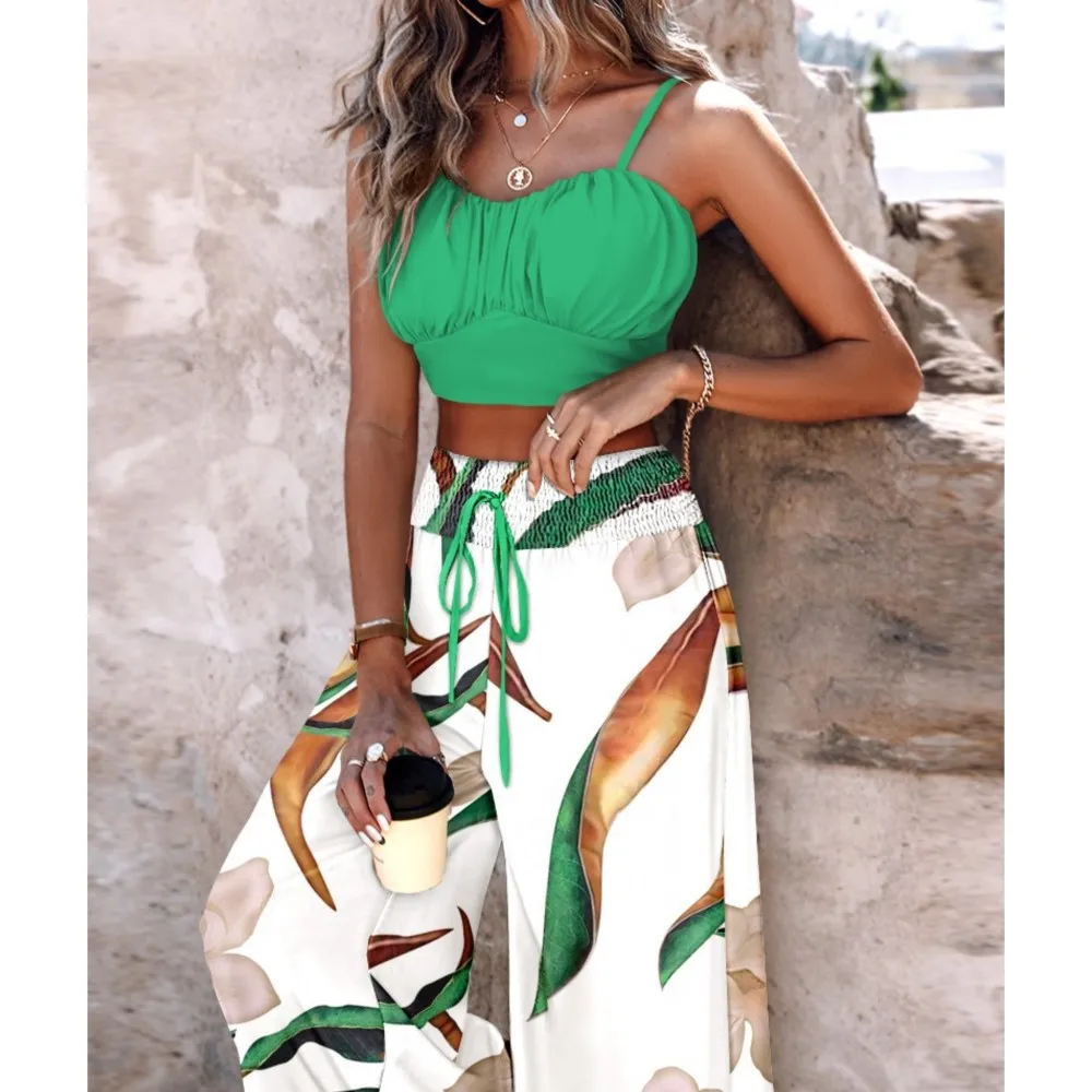 

2024summer camisole women's casual fitness suit with exposed navel top long pants with tie up flared pants 2-piece set for women