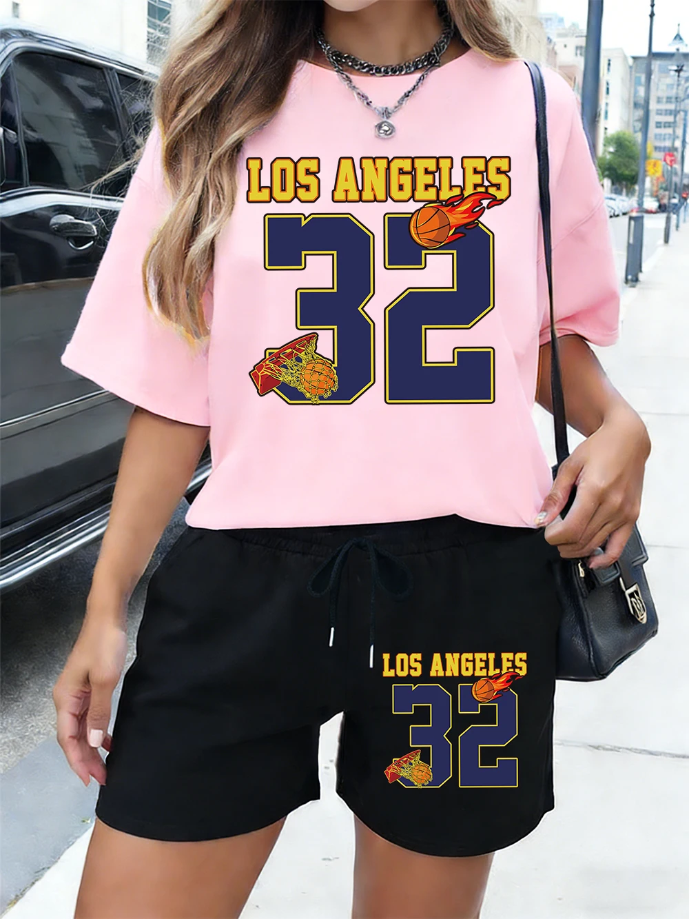 

Los Angeles Number 32 Jersey Printed Cotton T-Shirts Pants Womens Summer 2 Pieces Set Tops Shorts Oversized High Waisted Clothes