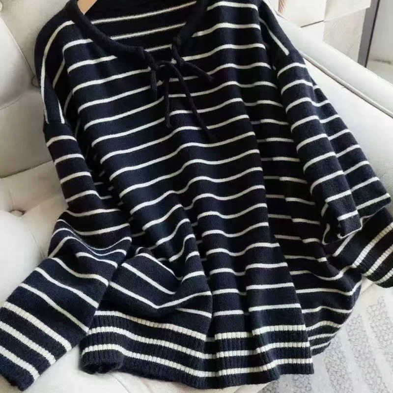 

Contrast Color Striped Knitted Sweater Lace-up Autumn and Winter New Lazy Loose Top