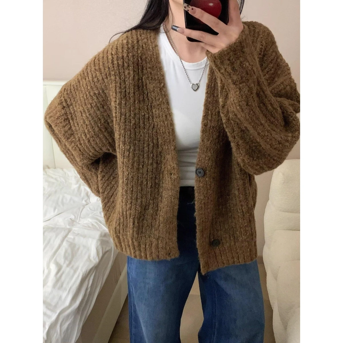 Suéter de Punto Casual Retro Americano con Cuello en V para Hombre, Color Puro, Ropa Exterior Moderna, Cárdigan Abierto, Nove...