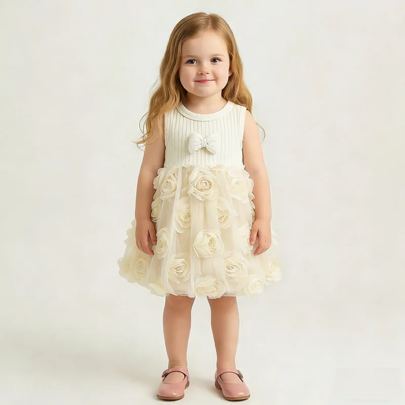 

New Summer Children's Clothing Girls' Dress Children's High-Quality Cream-Colored Rose Petal Tulle Dress Vest Princess Dress